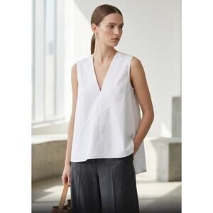 Tibi New York Sculpted Cotton Poplin Asymmetrical Seam V-Neck Top White Size 6